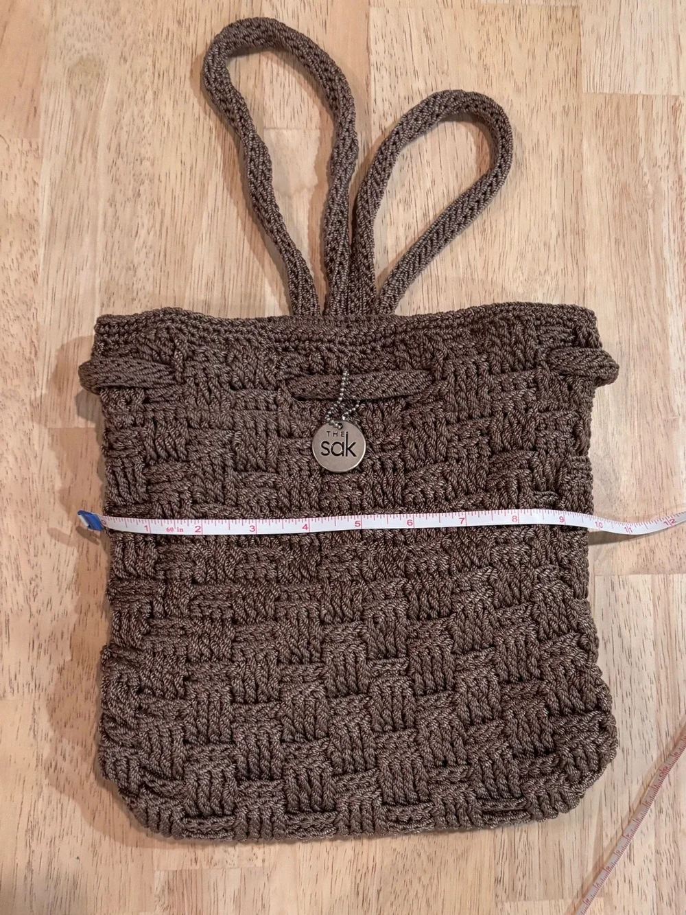 The Sak Brown Taupe Crochet Drawstring Mini Backpack Purse Boho Y2K